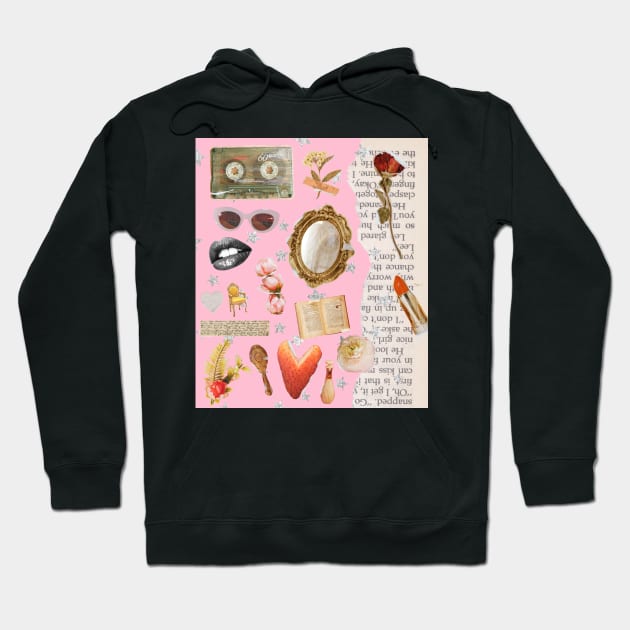 Vintage Old Money Aesthetic Collage Print Barbie Pink Hoodie by madiwestdal